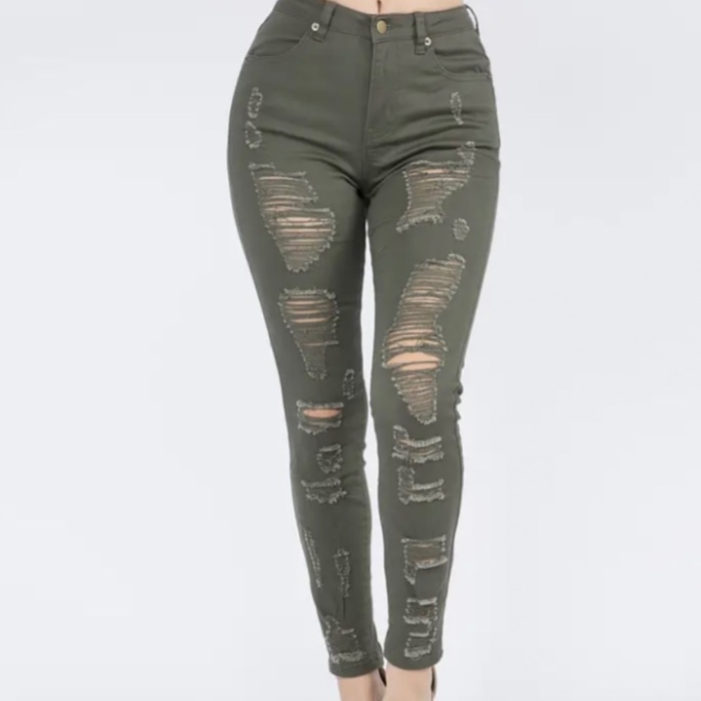 Olive High Waist Front & Back Distressed Jeans